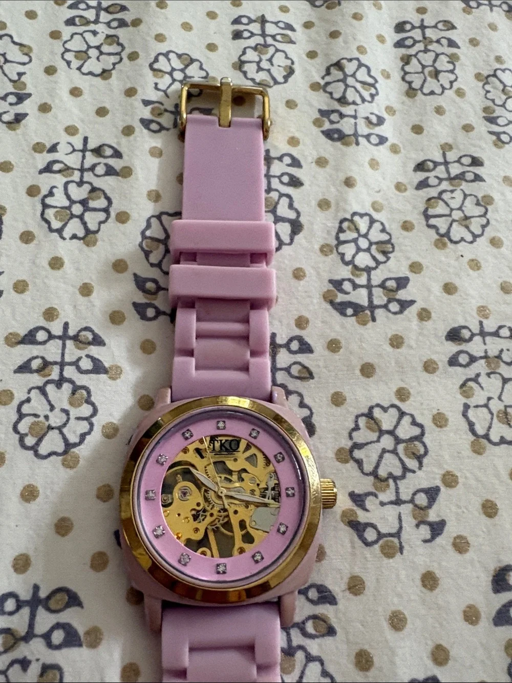 TKO Pink and Gold Skeleton Dial Watch with Crystal Markers